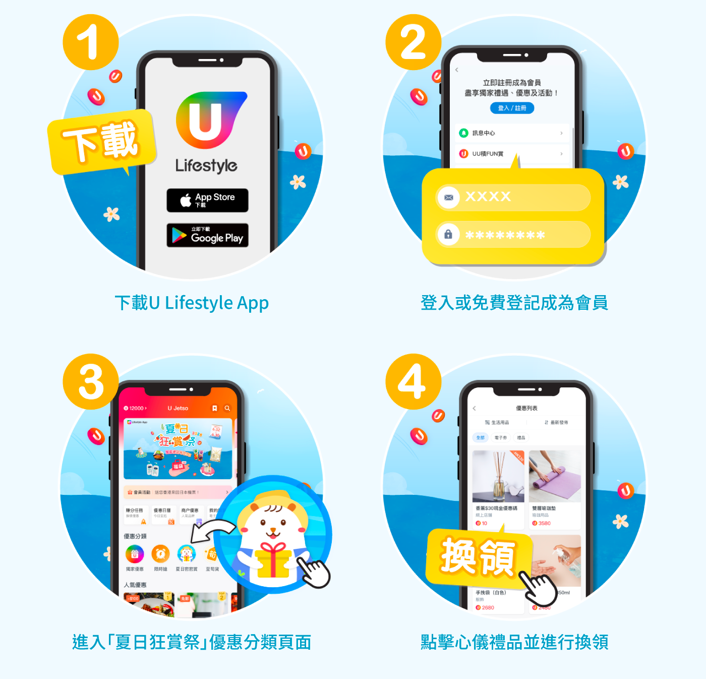 下載 U Lifestyle App 登入或免費登記成為會員 進入《U Lifestyle夏日狂賞祭》優惠分類頁面 點擊心儀禮品並進行換領